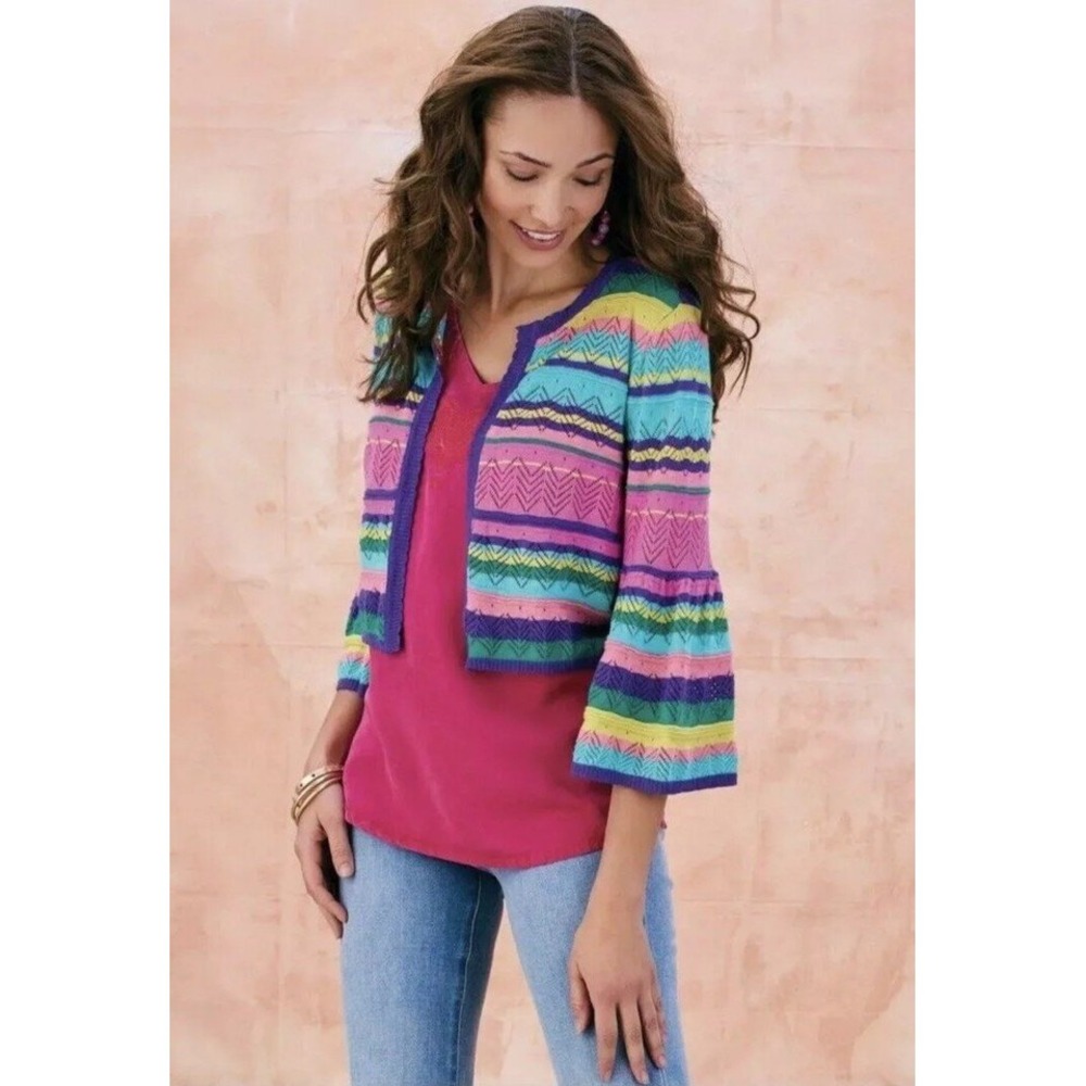 Soft Surroundings Colorful Striped Pointelle Knit Cardigan Sz L Silk Cotton Crop